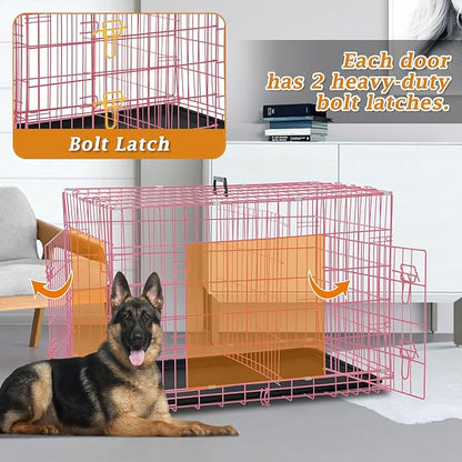 Dog Crate for Large Medium Dogs Folding Dog Kennel Cage with Plastic Tray & Divider 48" Indoor Outdoor Metal Double Door Pet Playpen Heavy Duty Dog Pen Enclosure Pink