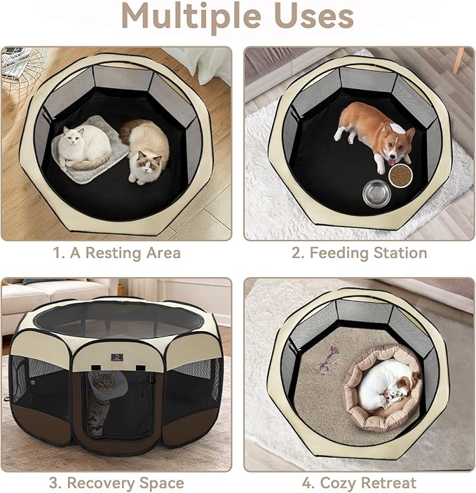 Dog Playpen for Small Dogs & Puppies, 50.39" Portable Indoor Outdoor Puppy Playpen with Bowl, Waterproof Floor, Foldable Pop-Up Pet Pen for Home, Travel & Daily Use, Brown+Beige
