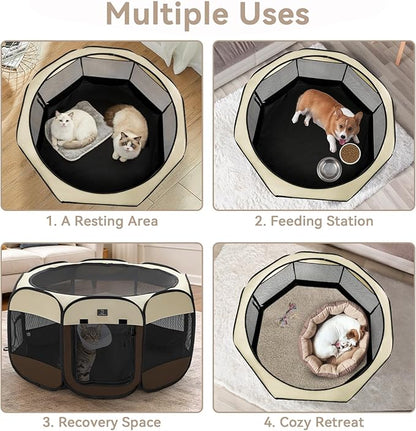 Dog Playpen for Small Dogs & Puppies, 29.92" Portable Indoor Outdoor Puppy Playpen with Bowl, Waterproof Floor, Foldable Pop-Up Pet Pen for Home, Travel & Daily Use, Brown+Beige