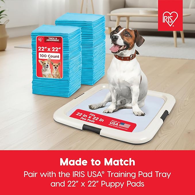 IRIS USA Pee Pad Holder for Dogs and Puppies, Potty Training Tray with Secured Latches, Non-Skid Feet, Leak Protection, Easy Clean Surface, Fits 22"x 22" Puppy Pads Size or Larger, Black/Gray