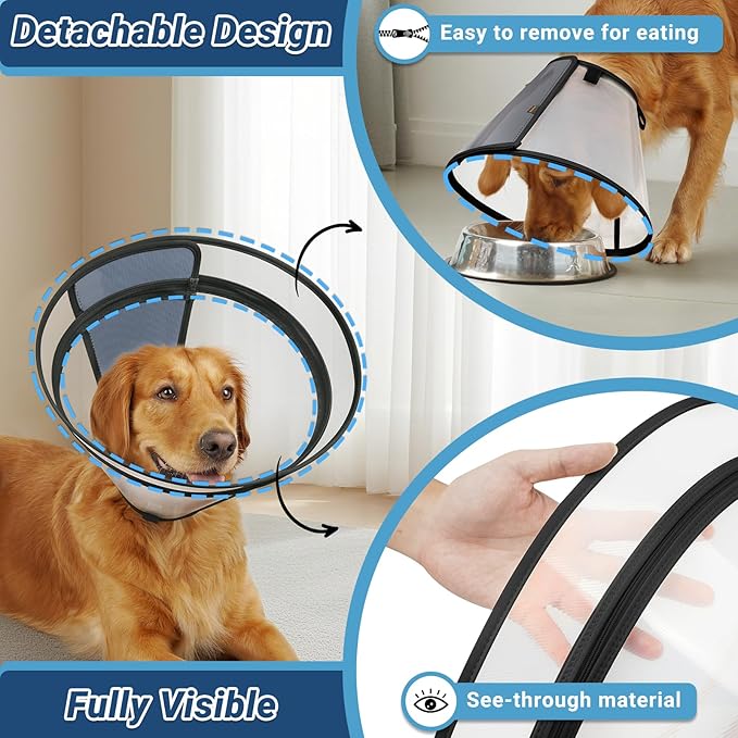Dog Cone to Stop Licking, Clear Recovery Collar with Detachable Zipper, Sturdy Elizabethan Collar for Large Medium Small Dogs, Soft Adjustable Cone After Surgery Patented, Black XXL