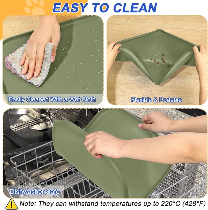 SMILOOL Silicone Pet Feeding Mat with Raised Edge for Food and Water, Dog Bowl Mats, Cat Bowls Placemat with High Lip for Floor Waterproof, Rubber Tray for Cats and Dogs 22 x 14 x0.8 Light Olive Green