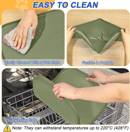 SMILOOL Silicone Pet Feeding Mat with Raised Edge for Food and Water, Dog Bowl Mats, Cat Bowls Placemat with High Lip for Floor Waterproof, Rubber Tray for Cats and Dogs 22 x 14 x0.8 Light Olive Green