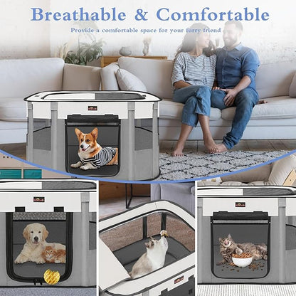 Dog Playpen, Pet Playpen, Foldable Kitten cage Puppy Play Pen, Portable Dog Kennel Tent Crate, Indoor Outdoor Travel Camping Use for Small Animals with Carrying Case (Grey XL)