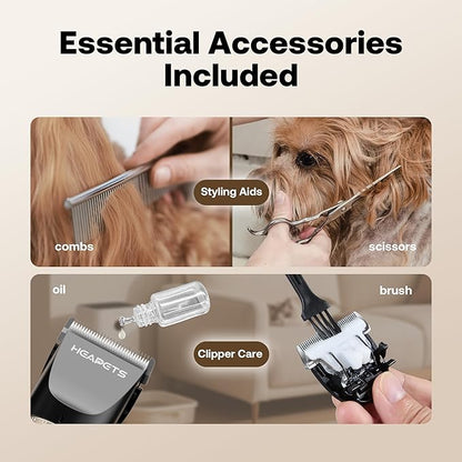HEAPETS Dog Hair Clippers for Grooming Kit and Dog Paw Trimmer Nail Grinder for Grooming, Low Noise Rechargeable Cordless, Shaver Grooming Supplies for Pet Cats Dogs (Black, White)