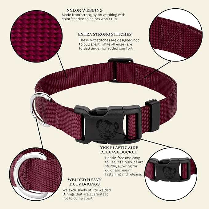 Country Brook Petz - Everyday Nylon Dog Collar for Large, Medium, and Small Dogs and Puppies - for Everyday Use in 10+ Warm Colors (Large, 1 Inch Wide, Burgundy)