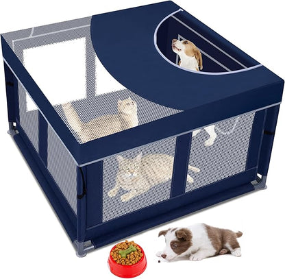 Dog Kitten Playpen with Play Pen Cover for Cat Indoor, 41 x41 x25.5 Puppy Playpen for Small Pet with See-Through Topper Proof Enclosed Door Dog Pen, Sturdy Warm Protable Play Pen for Cat