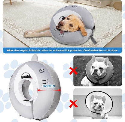 Dog Cone Inflatable Widen Dog Neck Donut Collar, Soft Cone Alternative After Surgery for Large Medium Small Dogs to Stop Licking, Shark, Small
