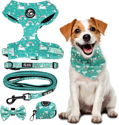 No Pull Harness and Leash Set - 6-in-1 Adjustable Vest Harness and Collars for Medium and Large Dogs. (Tile Unicorn, Large)