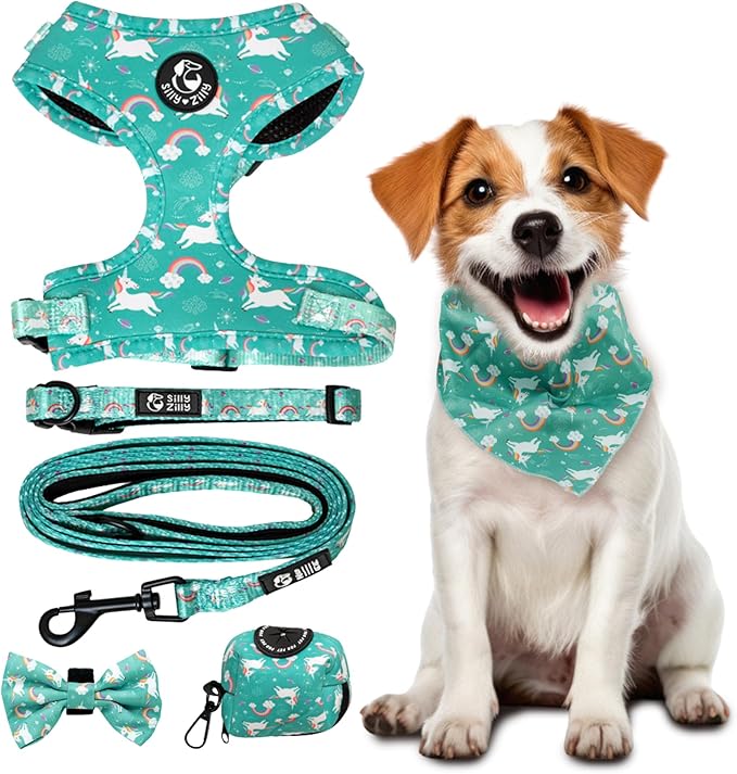 No Pull Harness and Leash Set - 6-in-1 Adjustable Vest Harness and Collars for Medium and Large Dogs. (Tile Unicorn, Extra Small)