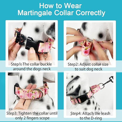 Martingale Collar for Dogs with Buckle Pink Floral Dog Collars No Pull Cute Girl Female Dog Collar for Large Dogs, Watercolor Pink Rose