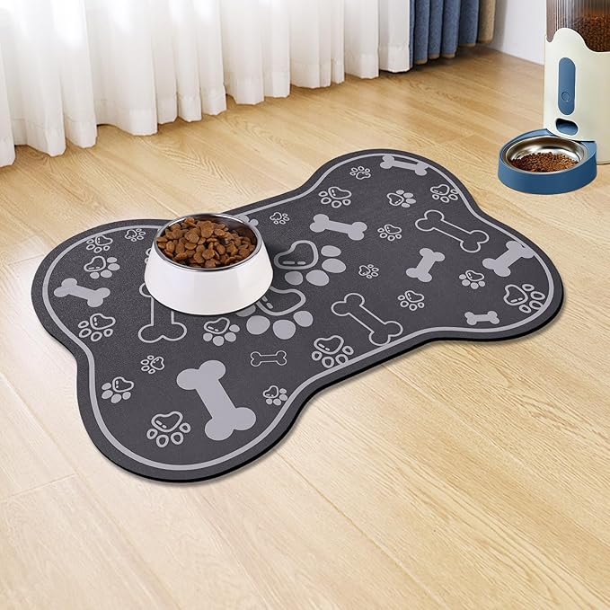 Voanos Dog Cat Food Mat,Rapid AbsorbentPet Feeding Mat, Bone Shaped Dog Placemat Water Bowl Mat with Rubber Backing,No Stains Dog Cat Food Mats Indoor, Pet Accessories Supplies 17""×29"" Dark Grey