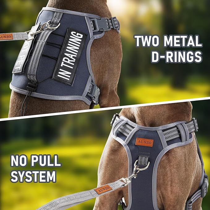 AUNZO Gray Tactical Dog Harness for Large Dog Breeds, No Pull Adjustable Pet Harness with Handle, Reflective K9 Military Service Dog Vest for Walking Hiking Training, Gray, XL