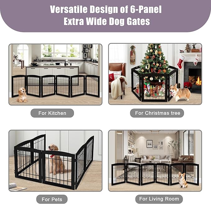 LZRS 6-Panel Extra Wide Wooden Freestanding Dog Gate: Foldable Solid Wood and Steel Wire Chew Resistant Safety Barrier for Doorways, Stairs, and Open Long Spaces Indoor Use, Black