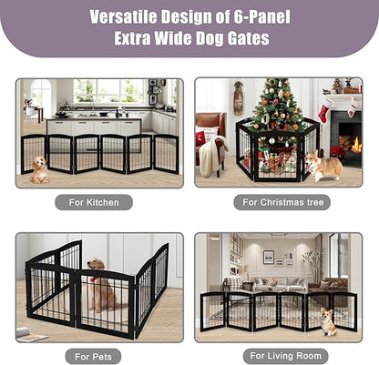 LZRS 6-Panel Extra Wide Wooden Freestanding Dog Gate: Foldable Solid Wood and Steel Wire Chew Resistant Safety Barrier for Doorways, Stairs, and Open Long Spaces Indoor Use, Black