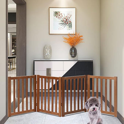 LZRS 4-Panel Wooden Free Standing Foldable Dog Gate Indoor – 24" High, Extra Wide Step-Over Safety Pet Gate for Doorways, Stairs, Hallways, Large Spaces & Playpen for Puppies Indoor Use, Oak