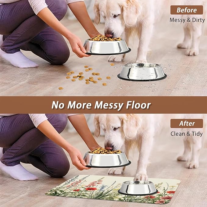 Vintage Flower Botanical Garden Dog Cat Food Mat,Absorbent Pet Feeding Mat for Food and Water,Non-Slip Dog Bowl Mats Floor Protector 12"x20"