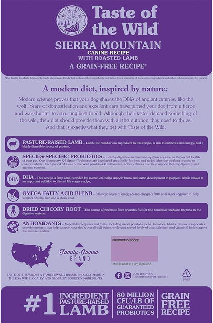 Taste of the Wild Sierra Mountain Grain-Free Canine Recipe with Roasted Lamb Dry Dog Food for All Life Stages, Made with Protein from Real Lamb and Guaranteed Nutrients And Probiotics 5lb