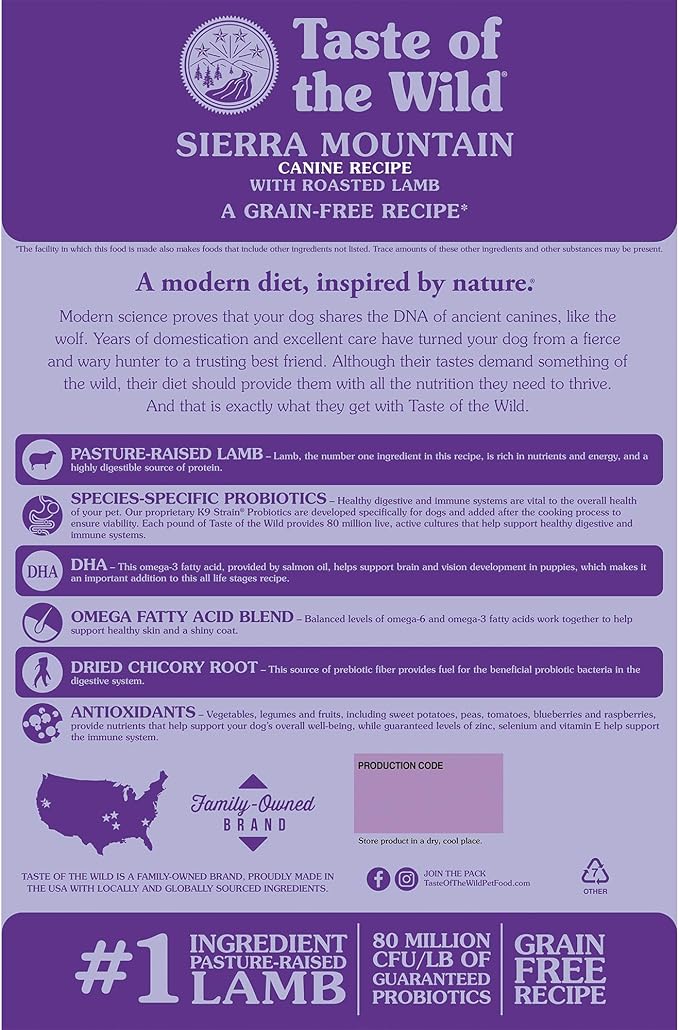 Taste of the Wild Sierra Mountain Grain-Free Canine Recipe with Roasted Lamb Dry Dog Food for All Life Stages, Made with High Protein from Real Lamb and Guaranteed Nutrients and Probiotics 28lb