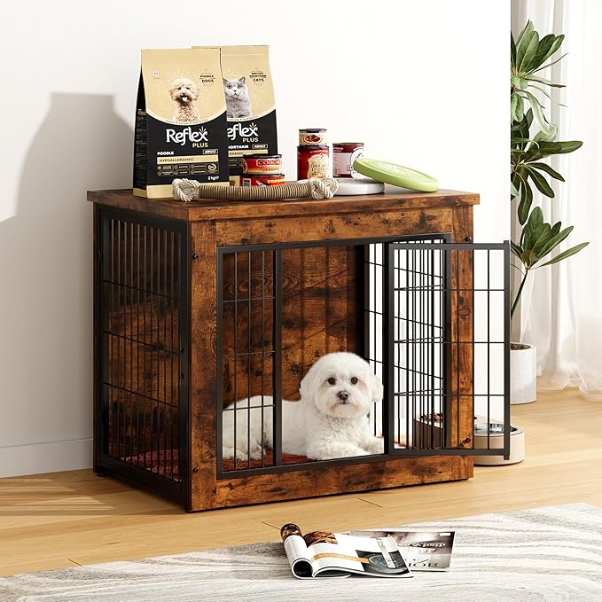 Greesum Modern Dog Crate Furniture That Doubles as a Side Table - Sturdy Wooden Kennel with Double Door Design, Equipped with Soft Cushion & Chew-Resistant Resign, Suitable for Dogs