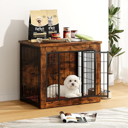 Greesum Modern Dog Crate Furniture That Doubles as a Side Table - Sturdy Wooden Kennel with Double Door Design, Equipped with Soft Cushion & Chew-Resistant Resign, Suitable for Dogs