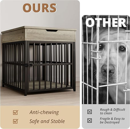 IRONCK Dog Crate Furniture for Small Dogs, Wooden Dog Kennel with Flip Top Drawer, Indoor Pet Crate End Table with Charging Station, Steel-Tube Dog Cage, Gray