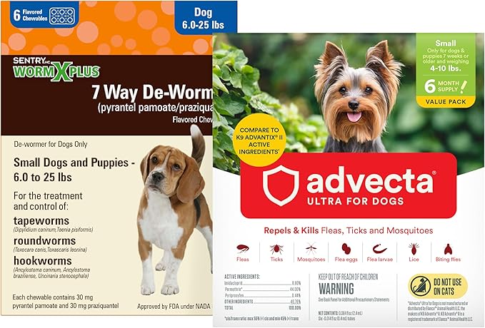 WORM X PLUS 7 Way DeWormer for Small Dogs 6-25 lbs (6 Count) + ADVECTA Flea and Tick Prevention for Small Dogs 4-10 lbs (6 Count) Bundle
