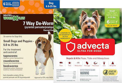 WORM X PLUS 7 Way DeWormer for Small Dogs 6-25 lbs (6 Count) + ADVECTA Flea and Tick Prevention for Small Dogs 4-10 lbs (6 Count) Bundle