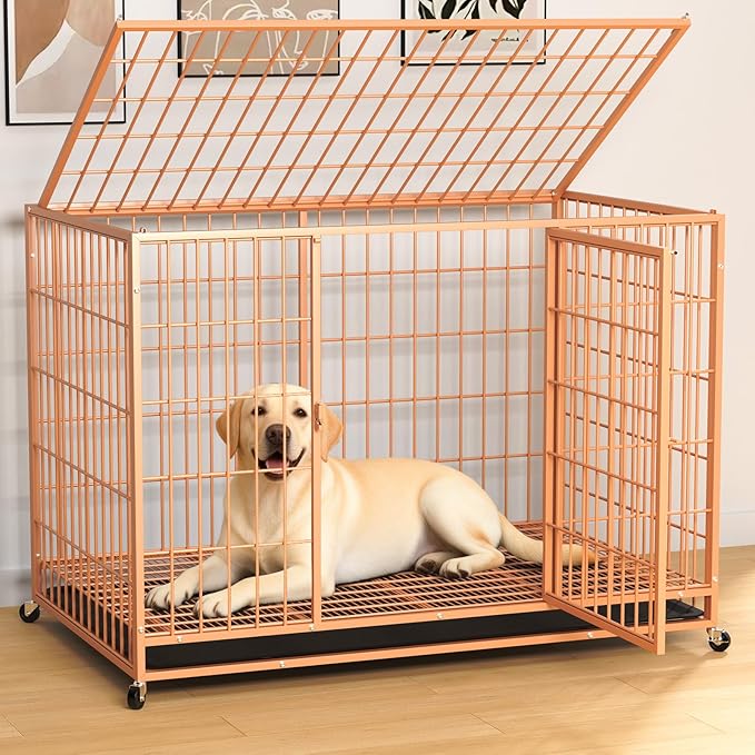 HIWOKK 48 Inch Large Dog Crate, Escape Proof Dog Cage with Dual Door Lock and Swivel Casters,Removable Tray for Easy Cleaning, Dog Kennel Indoor Outdoor Use