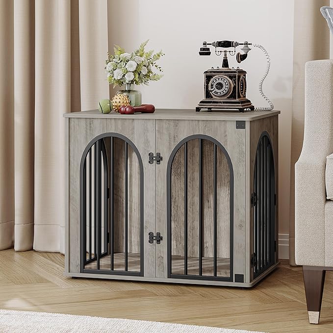 Hzuaneri 26.8'' Wooden Dog Crate Furniture, Indoor Dog Kennel Dogs Cage for Small Dogs, Heavy Duty Dog Crates Decorative Pet House End Side Table TV Stand, Greige DFC85505B