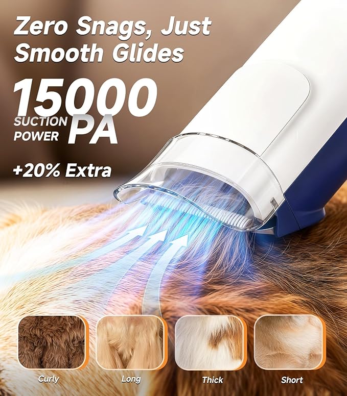 buenkee Dog Grooming Kit with Vacuum, 15000Pa Pet Hair Clipper and Shedding Brush, 50dB Low Noise, 2L Capacity, White