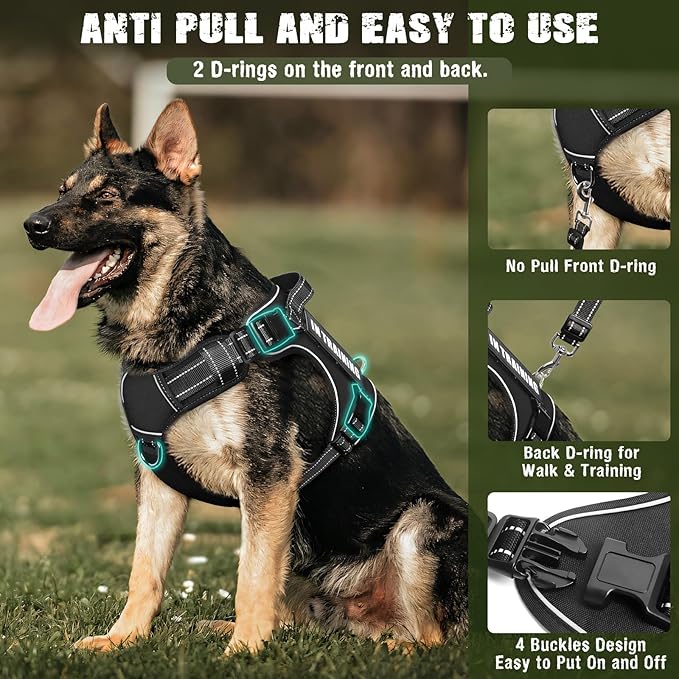 Tactical Dog Harness and Leash Set for Large Dogs,Heavy Duty No Pull Service Dog Vest and 10 Patches with Dog Seat Belt,Reflective Adjustable Pet Harness for Training Walking Hiking Black L