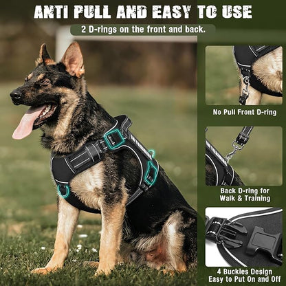Tactical Dog Harness and Leash Set for Large Dogs,Heavy Duty No Pull Service Dog Vest and 10 Patches with Dog Seat Belt,Reflective Adjustable Pet Harness for Training Walking Hiking Black XL
