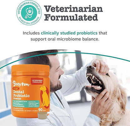 Zesty Paws Probiotic Dental Powder for Dogs Teeth - Fights Plaque, Tartar & Bad Dog Breath - Dog Breath Freshener Powder for Oral Microbiome & Gut Health - Pet Supplement for Teeth & Gums