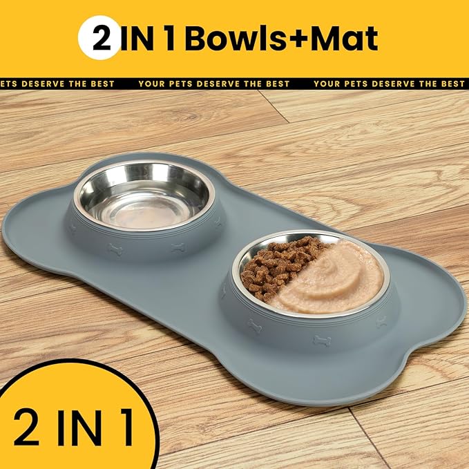 Conlun Dog Bowls with Silicone Feeding Mat,No Spill Food Water Dish Set,Dishwasher Safe,2 Stainless Steel Puppy Bowls with Dogs Bandanas,Suitable for Tiny Pets Under 8lbs,Extra Small,Grey