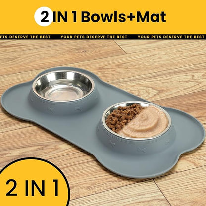 Conlun Stainless Steel Dog Bowls with Non-Slip Silicone Mat, Spill Proof Food & Water Bowls Set, Easy Clean Puppy Food Dish, Dishwasher Safe, Suitable for Dogs Cats Pet Under 20lbs, Small, Grey