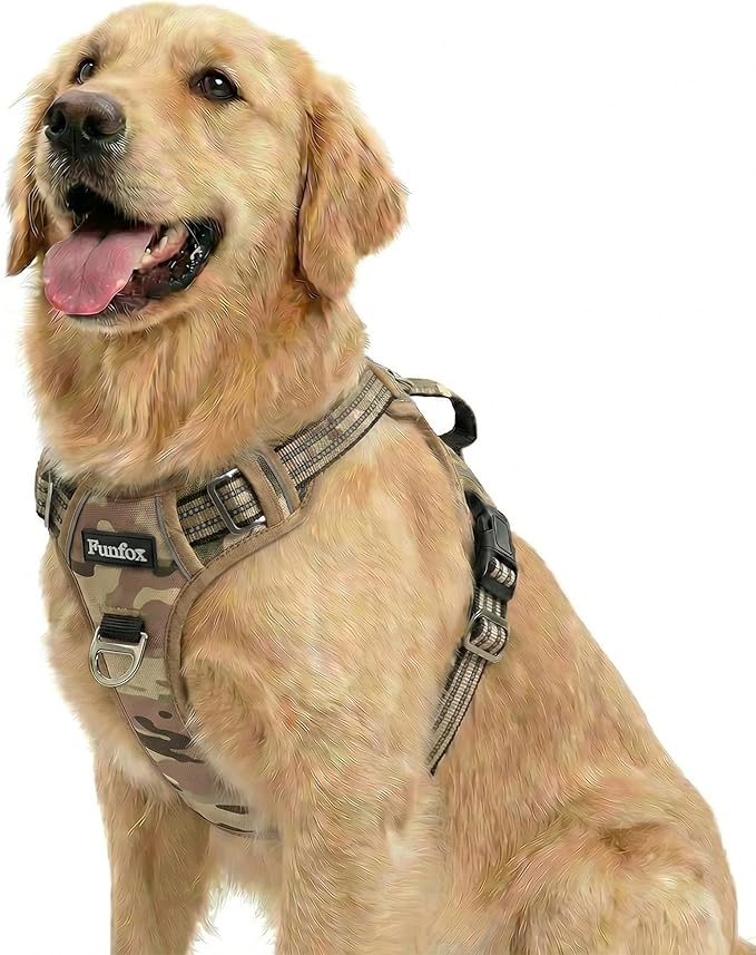 Funfox Dog Harness No Pull, Adjustable Pet Vest Harness, Super Soft Material with Vertical Handle Easy Control, Reflective Night Walking, 2 Leash Clips for Large Dogs, Camo Brown, L