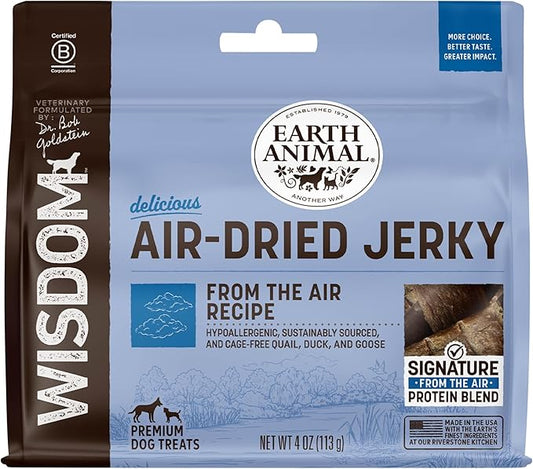 Earth Animal Wisdom Air Dried Jerky - From the Air Recipe Premium Natural Jerky Strips Dog Treats - 4 oz Bag