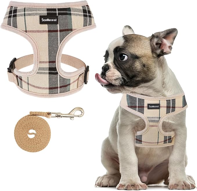 SCENEREAL Puppy Dog Harness with Leash Set for Small Medium Sized Dogs, Soft Mesh Pet Harnesses and Leash, No Chock Plaid Adjustable No Pull Vest for Dogs Cats, Chihuahua,Bulldog (Beige M)
