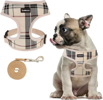 SCENEREAL Puppy Dog Harness with Leash Set for Small Medium Sized Dogs, Soft Mesh Pet Harnesses and Leash, No Chock Plaid Adjustable No Pull Vest for Dogs Cats, Chihuahua,Bulldog (Beige M)