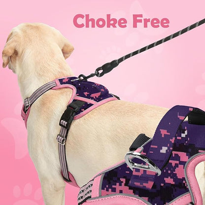Funfox Dog Harness No Pull, Adjustable Pet Vest Harness, Super Soft Material with Vertical Handle Easy Control, Reflective Night Walking, 2 Leash Clips for Large Dogs, Mosaic Pink, L