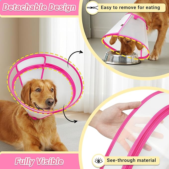Dog Cone to Stop Licking, Clear Recovery Collar with Detachable Zipper, Sturdy Elizabethan Collar for Large Medium Small Dogs, Soft Adjustable Cone After Surgery Patented, Hot Pink XL