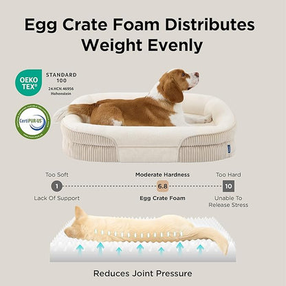 Bedsure Orthopedic Dog Bed Medium Size Dog - 360° Oval Bolster Medium Dogs Beds for Senior Dogs with Waterproof Washable Cover, Comfort Pet Sofa Couch with Ultra-Soft Fleece, Beige, 30"
