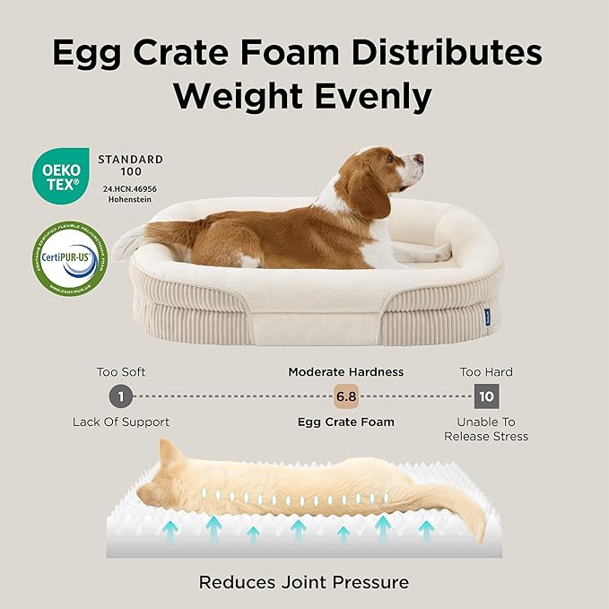 Bedsure Orthopedic Dog Beds Large Sized Dog - 360° Oval Bolster Large Dogs Bed for Senior Dogs with Waterproof Washable Cover, Big Comfort Pet Sofa Couch with Ultra-Soft Fleece, Beige, 35"