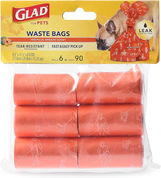 Glad for Pets Heavy Duty Dog Poop Bags,Leak Resistant Dog Waste Bags with Fun Print for Easy Cleanup on Walks,Strong Tear Resistant Pet Waste-Bags,Tropical Breeze Scent,6 Rolls,90 Count (Pack of 2)