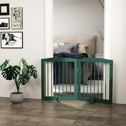 PUPETPO Freestanding Pet Gate for Dogs, Foldable Wooden Dog Gate for House, Stairs, Doorways, Step Over Pet Puppy Safety Fence,Support Feet Included,24" Height 2 Panels, Green
