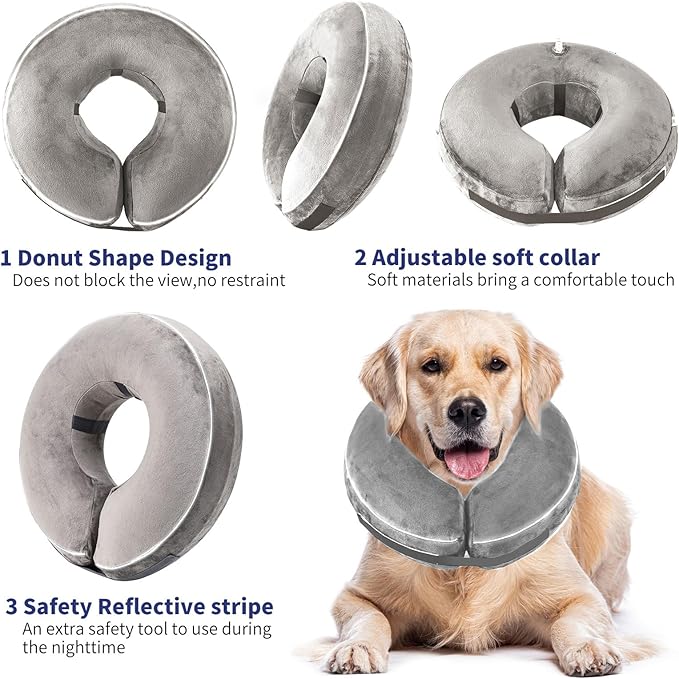 Inflatable Reflective Dog Cone Collar Alternative After Surgery,Doggie Recovery Dount Neck Ecollar,Adjustable Soft Dog Cone Collar for Small Medium Large Dogs (Grey, L)