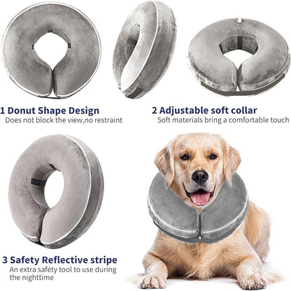 Inflatable Reflective Dog Cone Collar Alternative After Surgery,Doggie Recovery Dount Neck Ecollar,Adjustable Soft Dog Cone Collar for Small Medium Large Dogs (Grey, L)