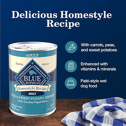 Blue Buffalo Homestyle Recipe Adult Wet Dog Food, Made with Natural Ingredients, Fish & Sweet Potato Dinner with Garden Vegetables, 12.5-oz can (Pack of 12)