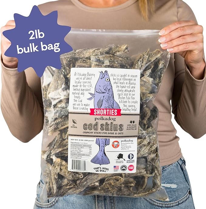 Polkadog Cod Skins for Dogs (2lb Shortie) - Single Ingredient, Wild-Caught Fish Skin Natural Dog Treat Chews. High in Lean Protein & Omega 3. Hypoallergenic, Grain Free. Handcrafted & Made in USA